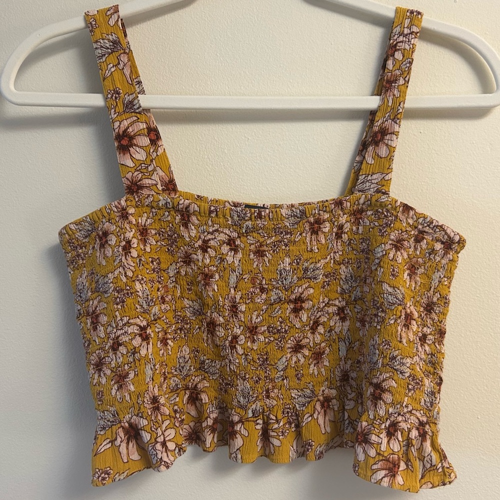 American Eagle Floral Yellow Ruffle Crop Top